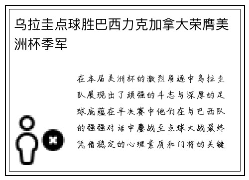 乌拉圭点球胜巴西力克加拿大荣膺美洲杯季军