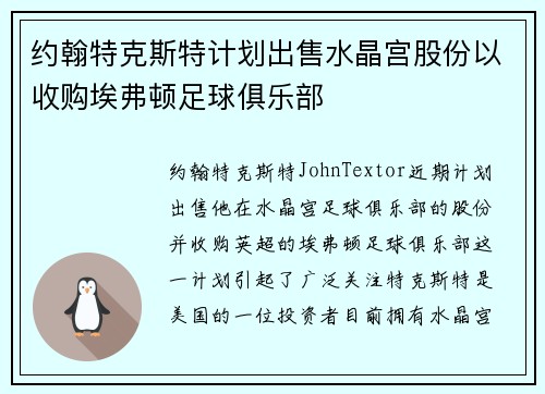 约翰特克斯特计划出售水晶宫股份以收购埃弗顿足球俱乐部